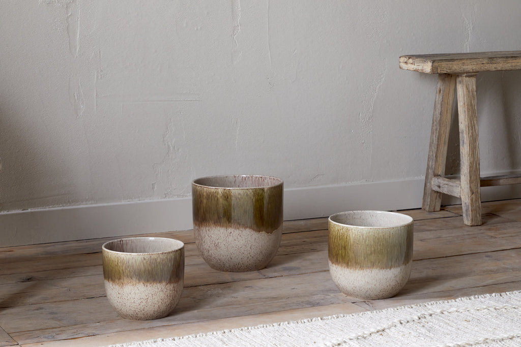 Almeida Reactive Glaze Plant Pot - Olive & Natural