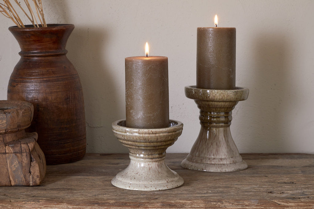Cabra Reactive Glaze Candle Holder - Olive & Natural