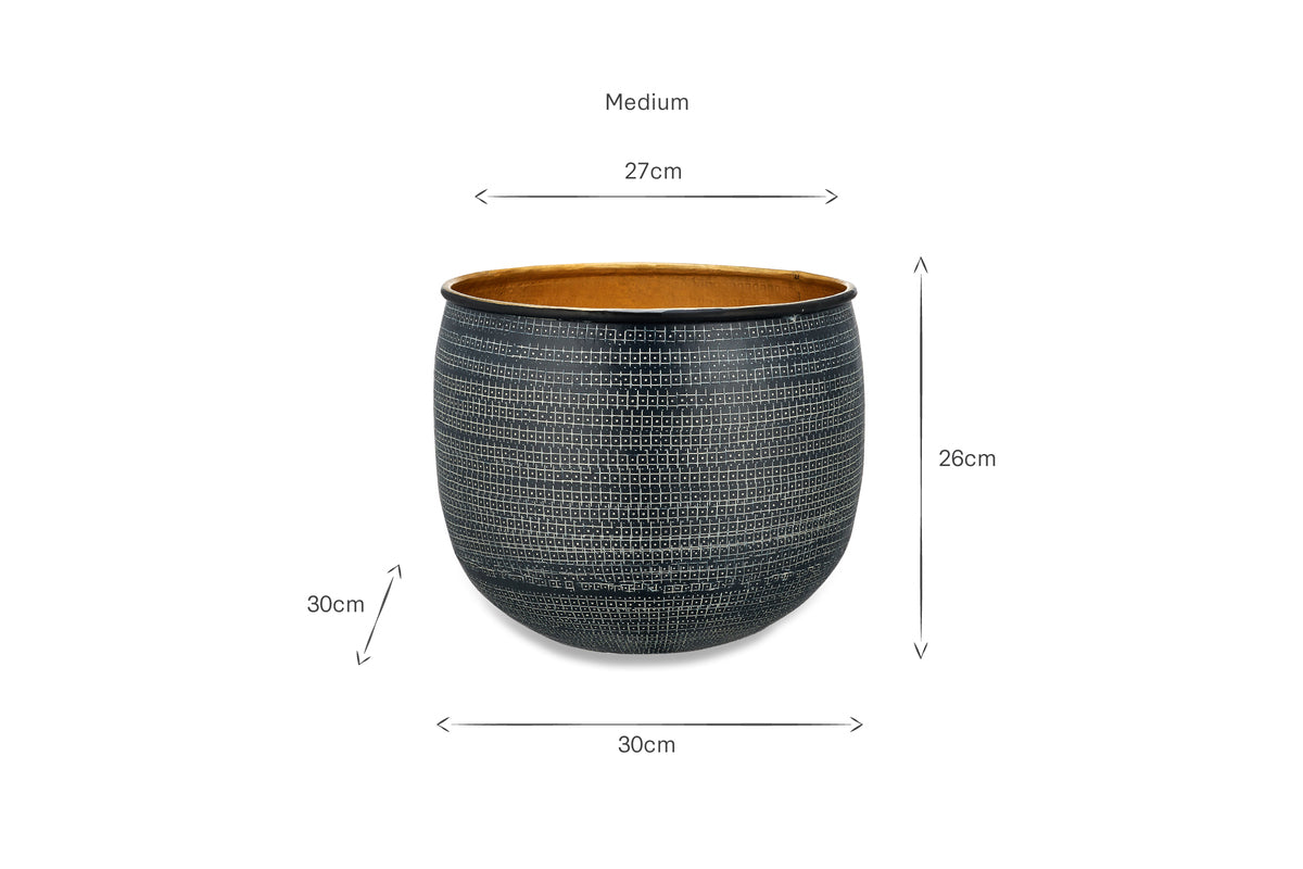 Tembesi Etched Planter - Antique Black & Brass