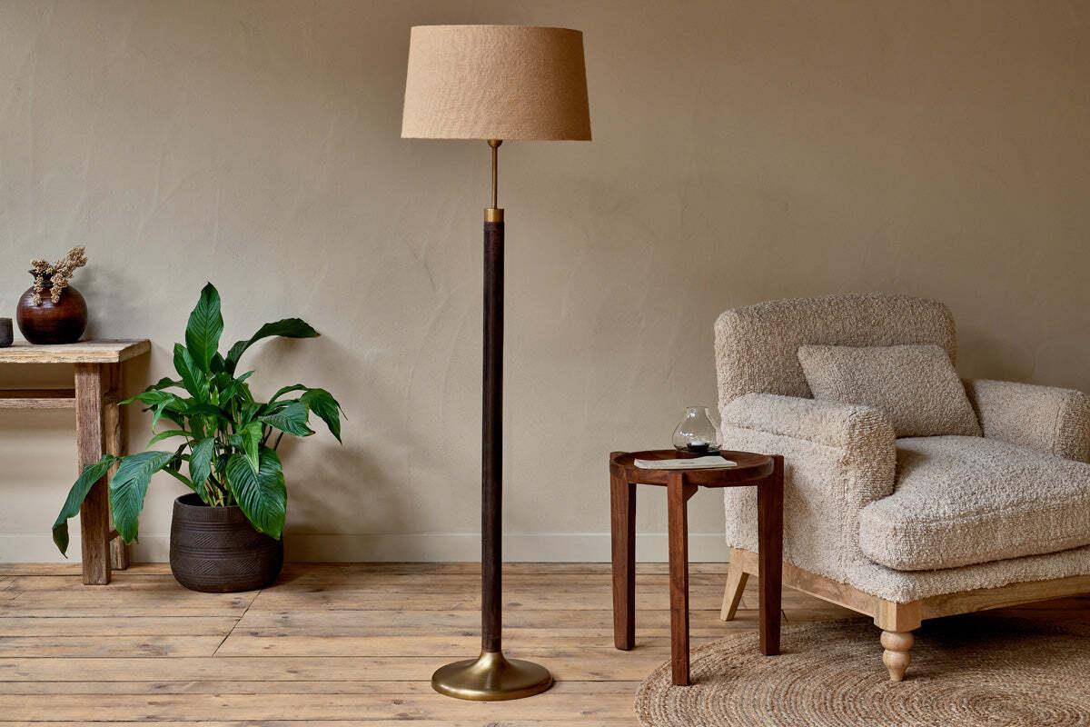 Digha Wood & Metal Floor Lamp Base - Dark Stain & Antique Brass