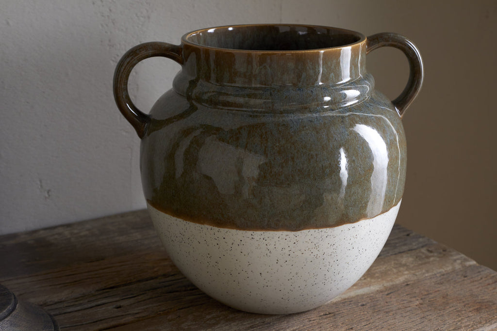 Inha Reactive Glaze Vase - Dark Olive & Natural