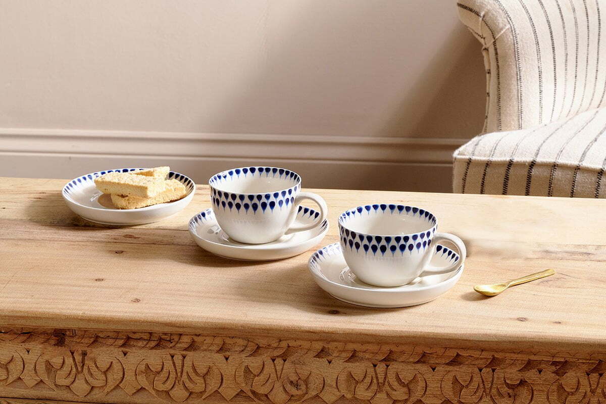 Indigo Drop Cup & Saucer - Cream & Indigo