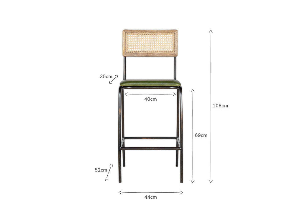 Iswa Leather & Cane Counter Chair - Rich Green