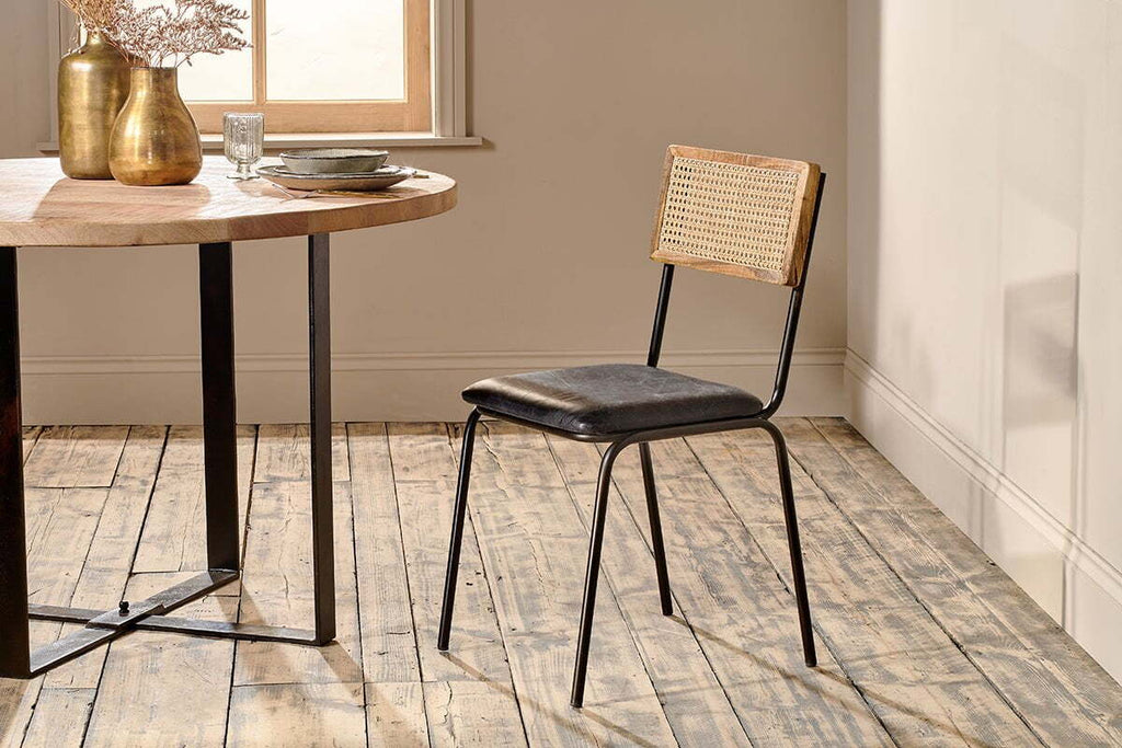 Iswa Leather & Cane Dining Chair - Black