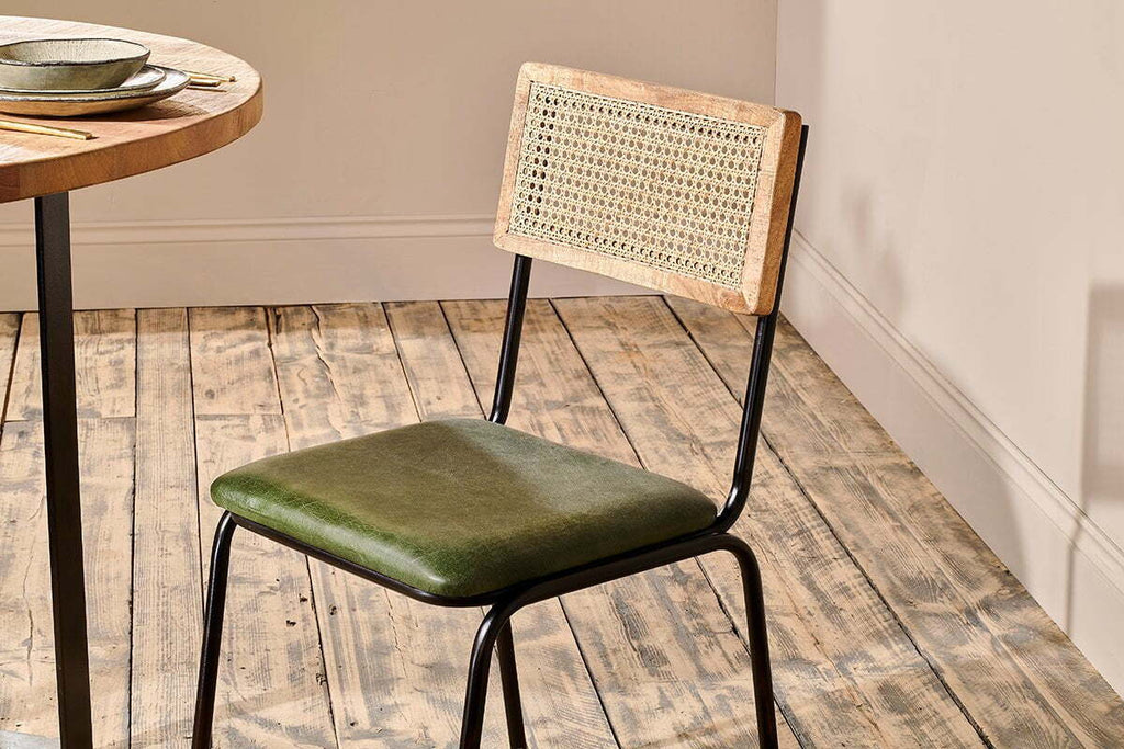 Iswa Leather & Cane Dining Chair - Green