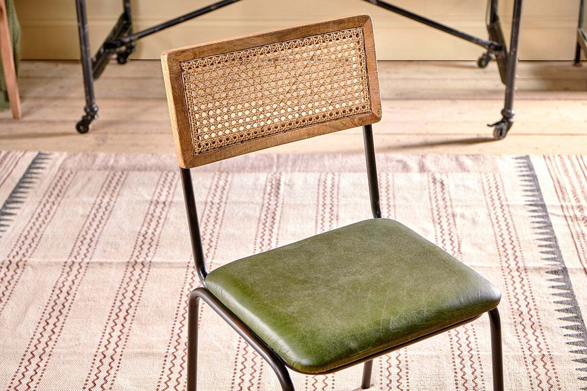 Iswa Leather & Cane Dining Chair - Green