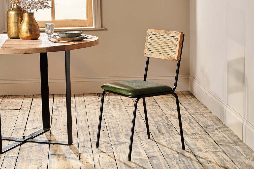 Iswa Leather & Cane Dining Chair - Green