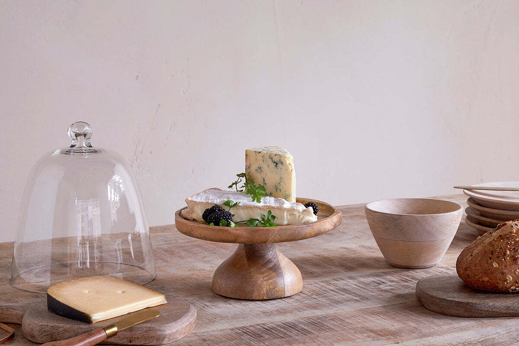 Kannati Mango Wood & Glass Cheese Stand - Clear