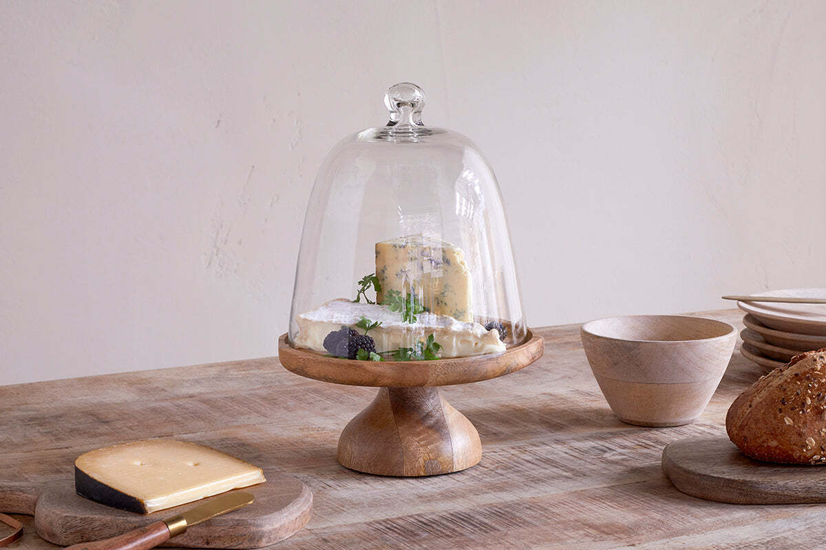 Kannati Mango Wood & Glass Cheese Stand - Clear