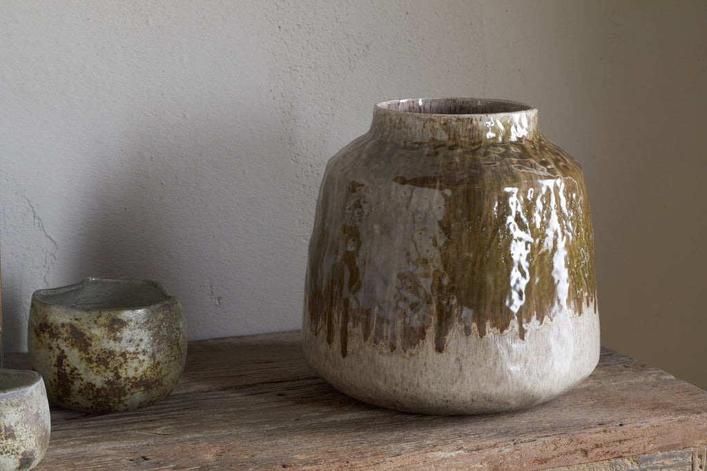 Melina Reactive Glaze Vase - Olive & Natural