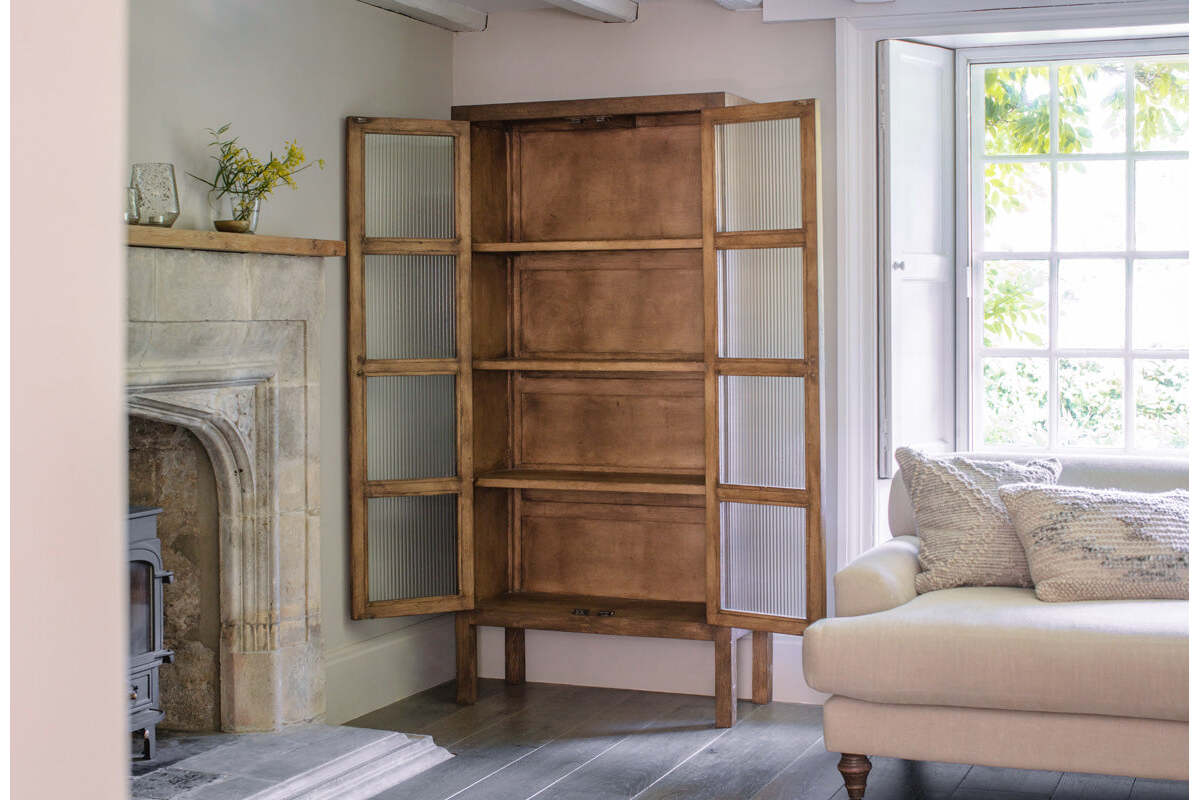 Mendani Mango Wood & Fluted Glass Cabinet - Walnut Stain