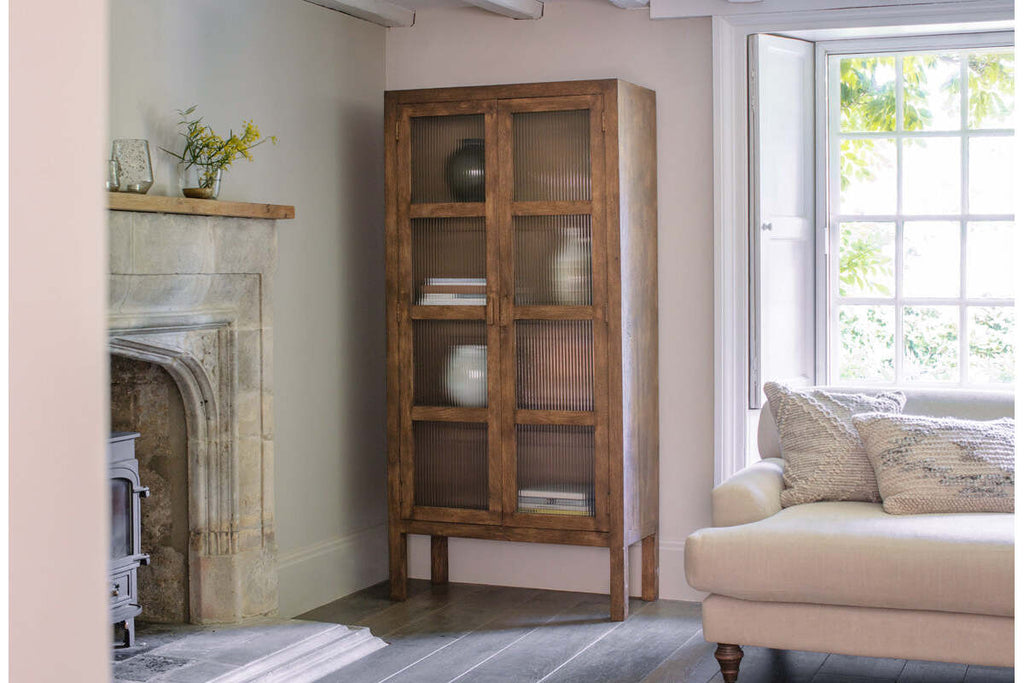 Mendani Mango Wood & Fluted Glass Cabinet - Walnut Stain