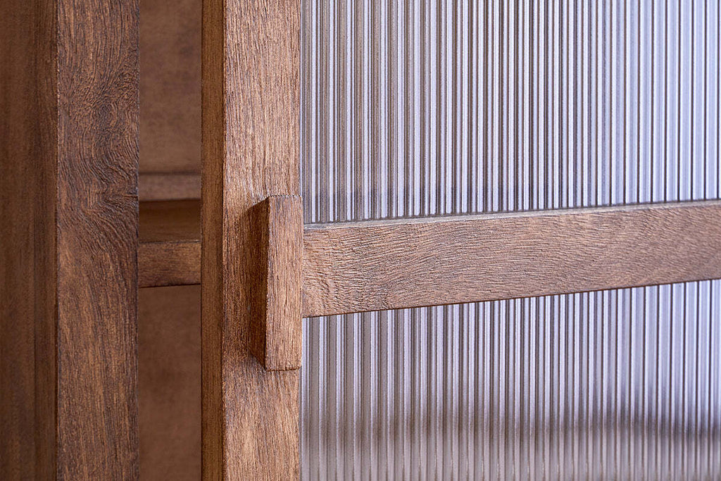 Mendani Mango Wood & Fluted Glass Glass Low Cabinet - Walnut Stain