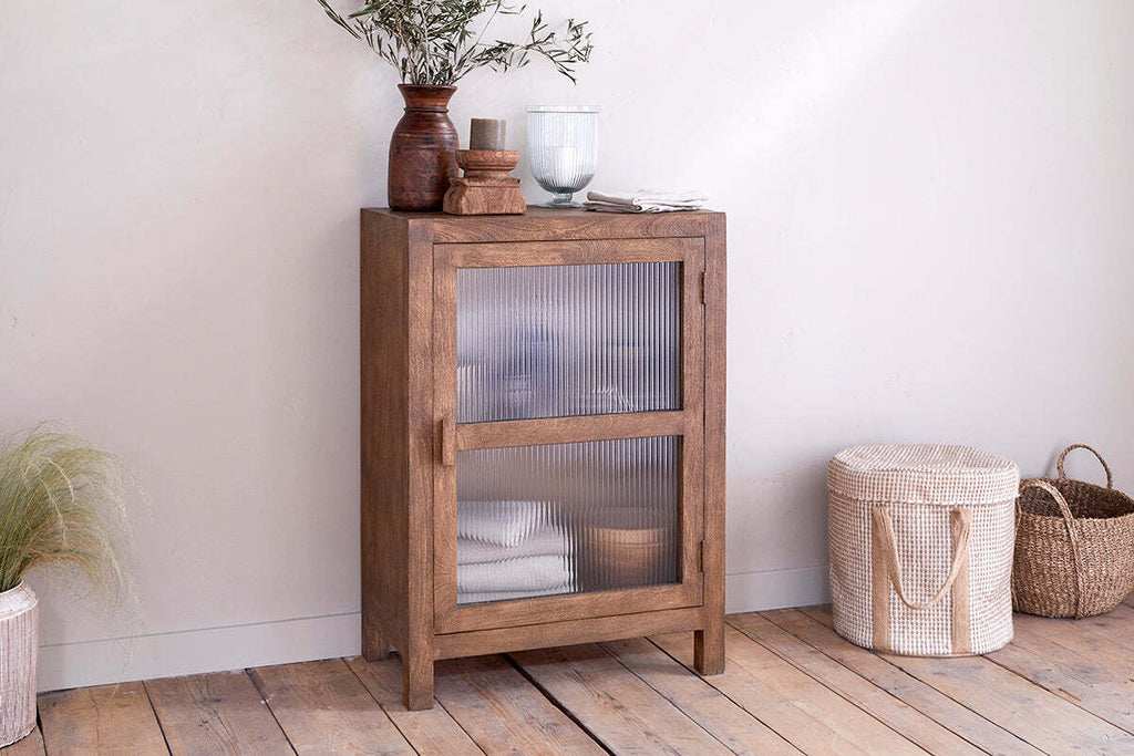 Mendani Mango Wood & Fluted Glass Glass Low Cabinet - Walnut Stain
