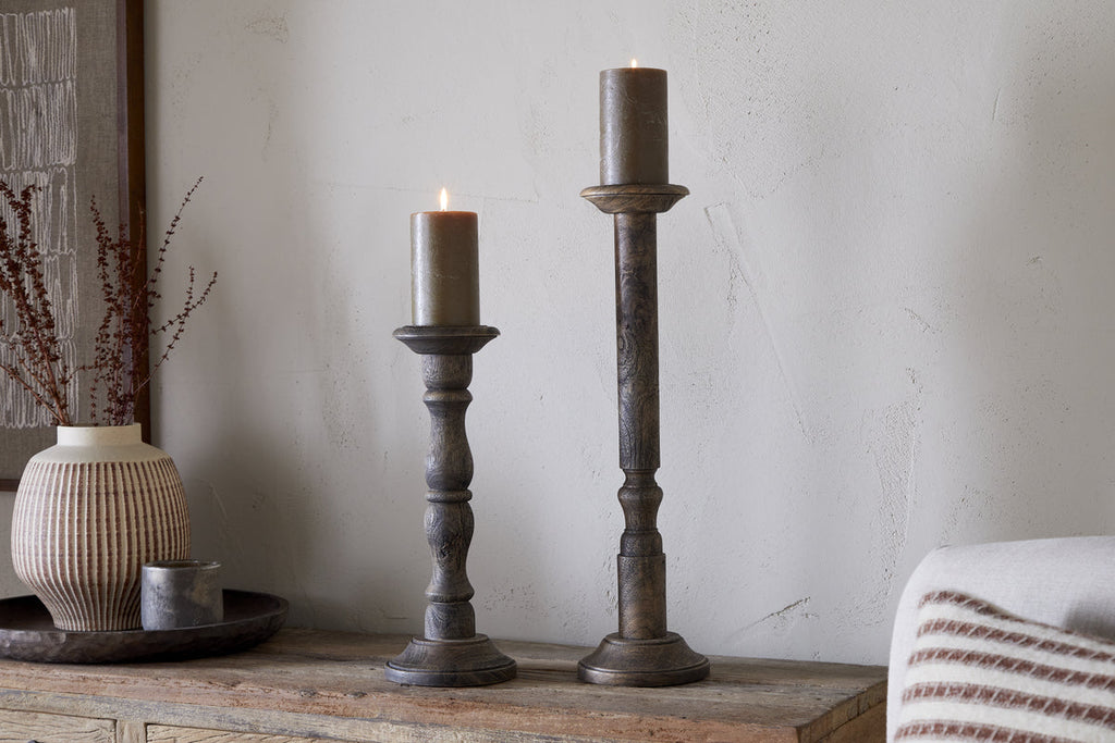 Nayati Rustic Wood Pillar Candle Stick - Dark Stain