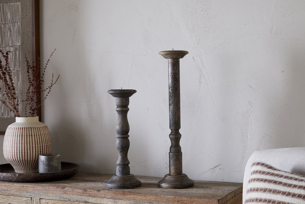 Nayati Rustic Wood Pillar Candle Stick - Dark Stain