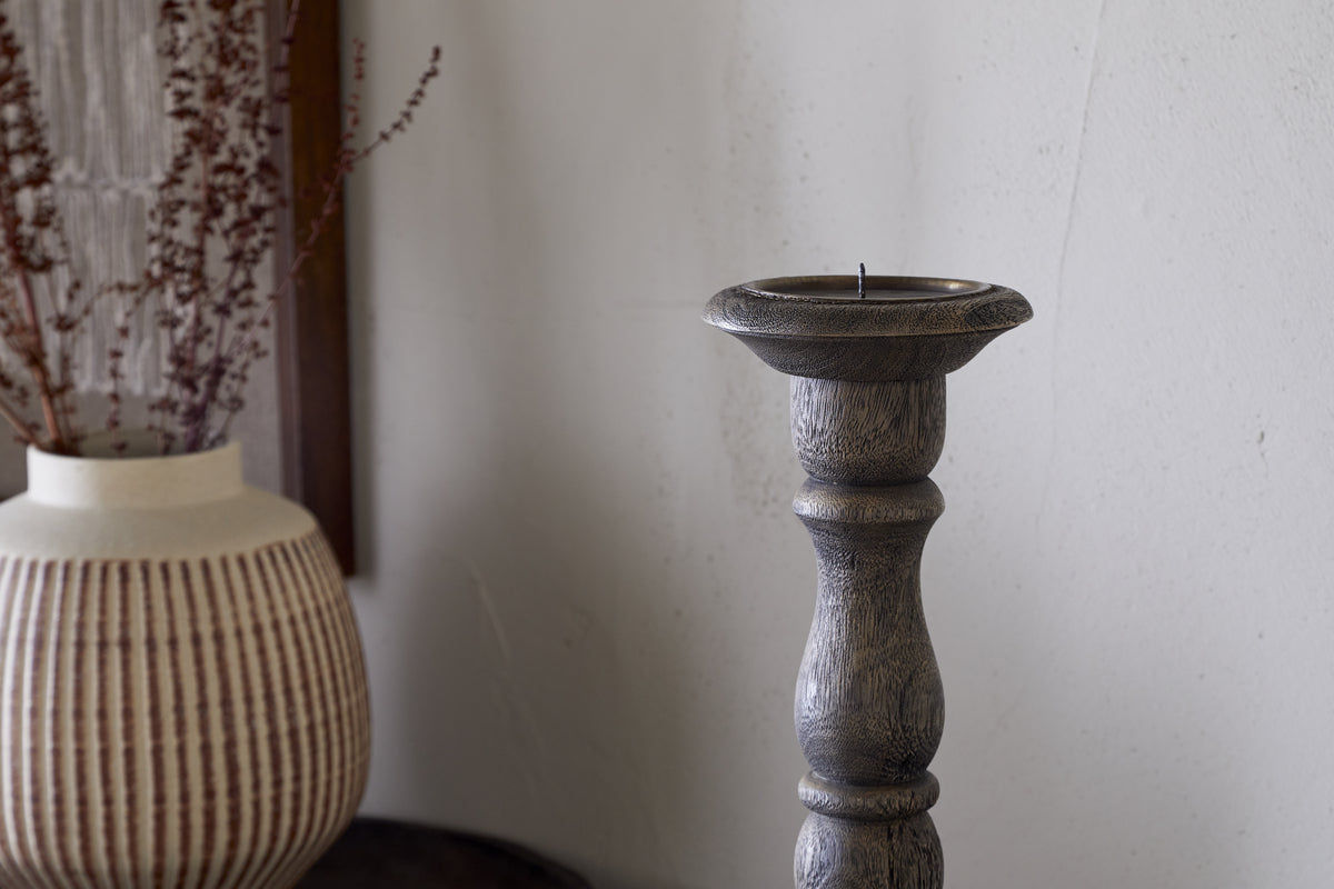 Nayati Rustic Wood Pillar Candle Stick - Dark Stain