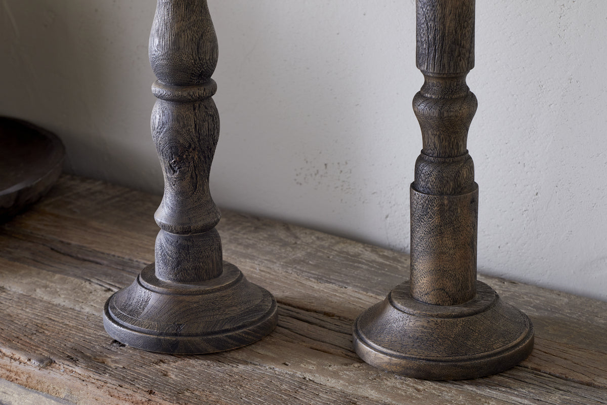 Nayati Rustic Wood Pillar Candle Stick - Dark Stain