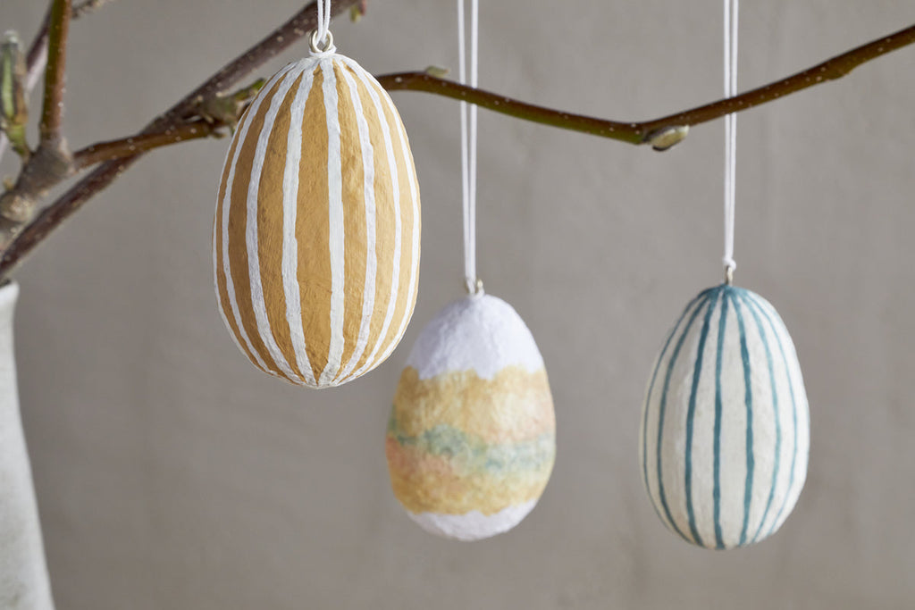Terra Hand Painted Recycled Cotton Paper Hanging Egg - Teal, Cream & Ochre - (Set of 3)