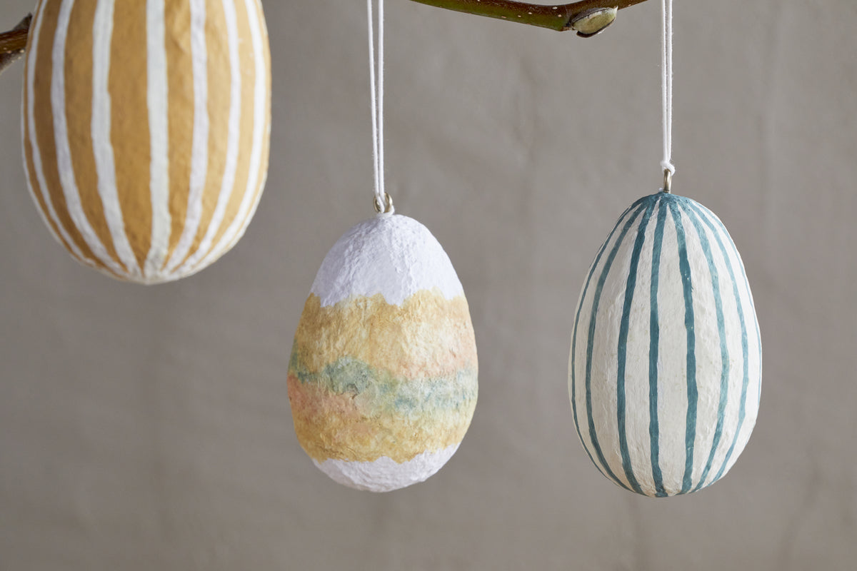 Terra Hand Painted Recycled Cotton Paper Hanging Egg - Teal, Cream & Ochre - (Set of 3)