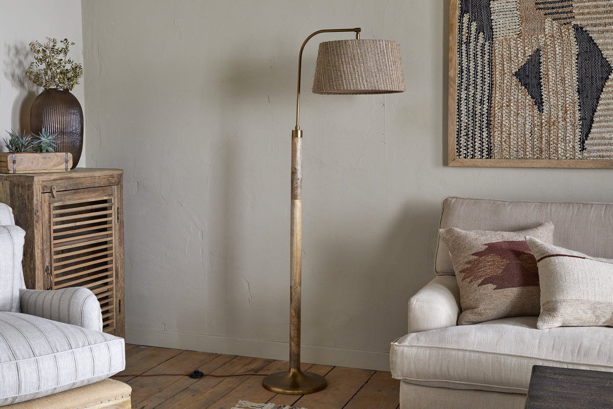 Kera Wood & Metal Floor Lamp Base - Antique Brass & Natural