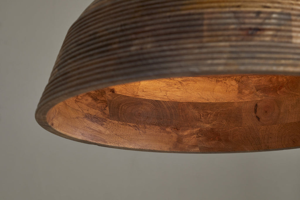 Nadi Grooved Wood Pendant - Natural & Antique Brass