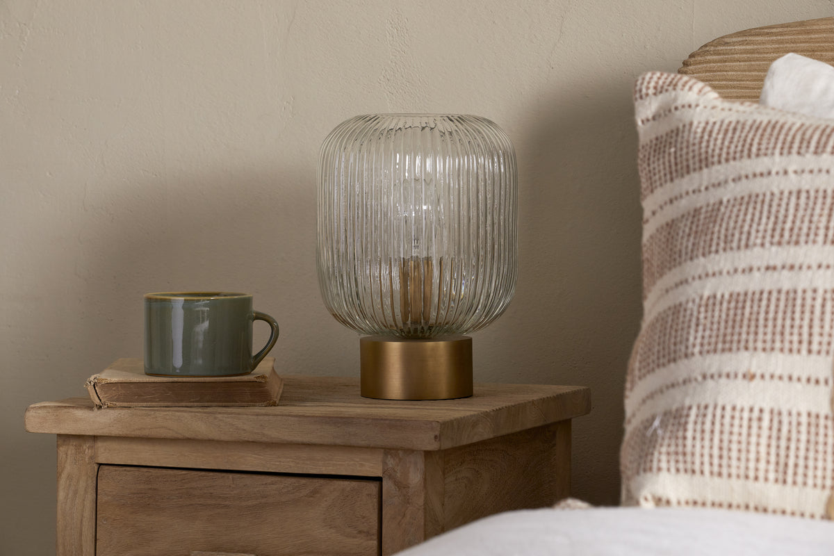 Rizal Fluted Glass Bedside Table Lamp - Antique Brass & Clear