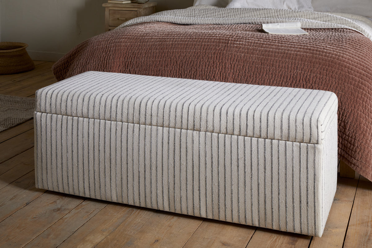 Sanja Stripe Cotton & Linen Upholstered Storage Bench - Grey