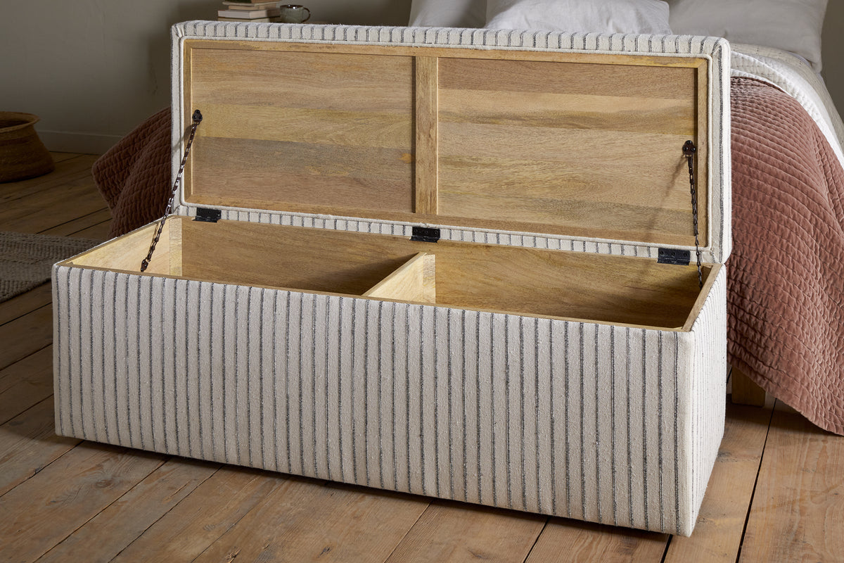 Sanja Stripe Cotton & Linen Upholstered Storage Bench - Grey
