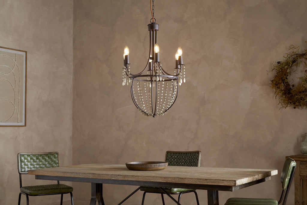 Naavia Rustic Iron & Crystal Chandelier - Rust
