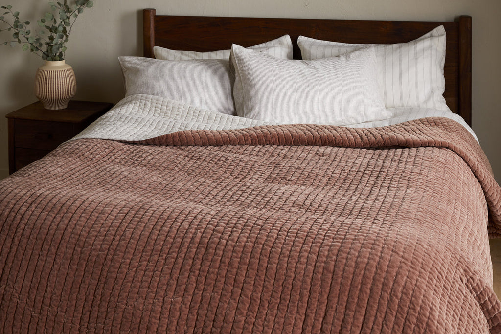Nidra Velvet & Linen Bed Quilt - Rust