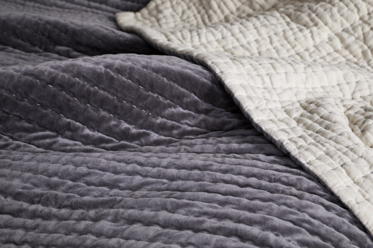 Nidra Velvet & Linen Bed Quilt - Charcoal