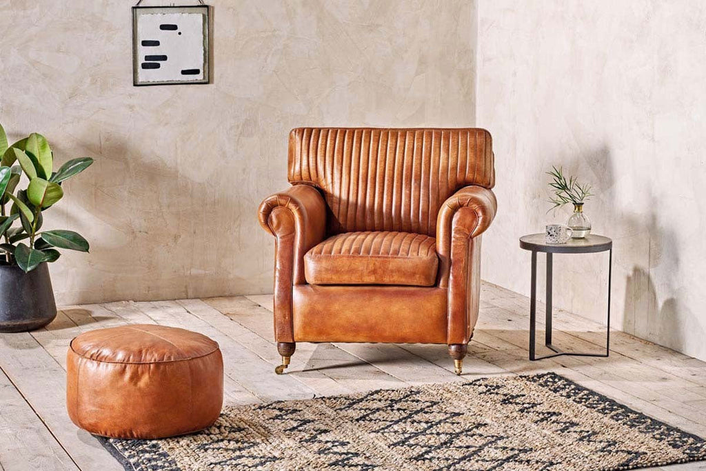 Nadu Leather Pouf - Aged Tan