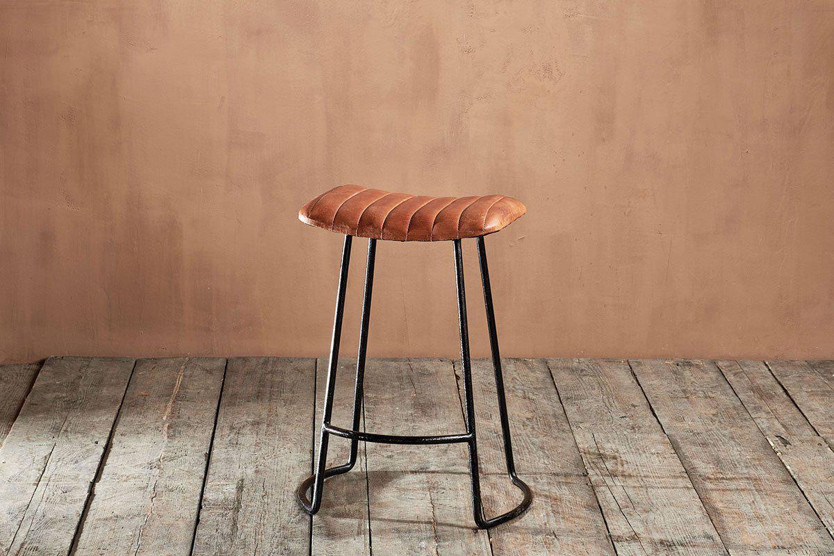 Narwana Ribbed Leather Stool - Aged Tan - Small