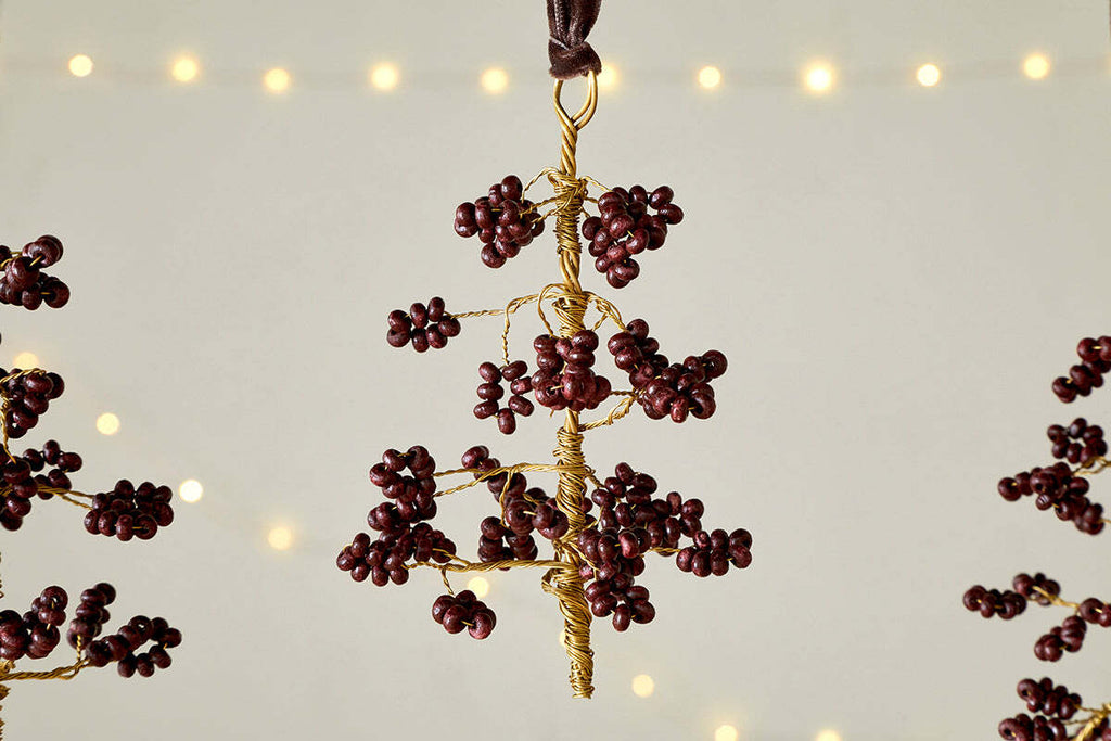 Tanu Mango Wood Beaded Baubles - Brass & Ruby (Set of 3)
