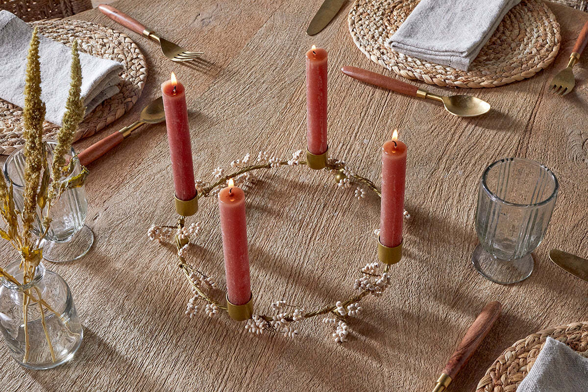 Tanu Mango Wood Beaded Candle Holder - Brass & Natural