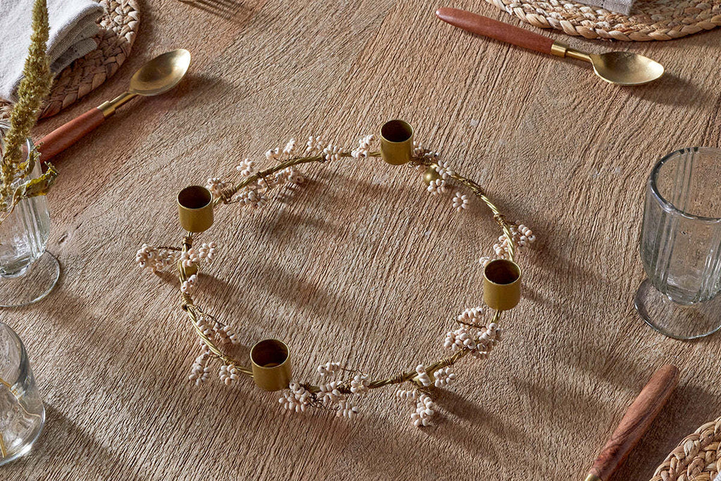 Tanu Mango Wood Beaded Candle Holder - Brass & Natural