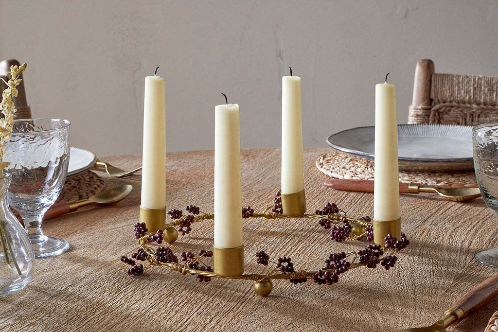 Tanu Mango Wood Beaded Candle Holder - Brass & Ruby