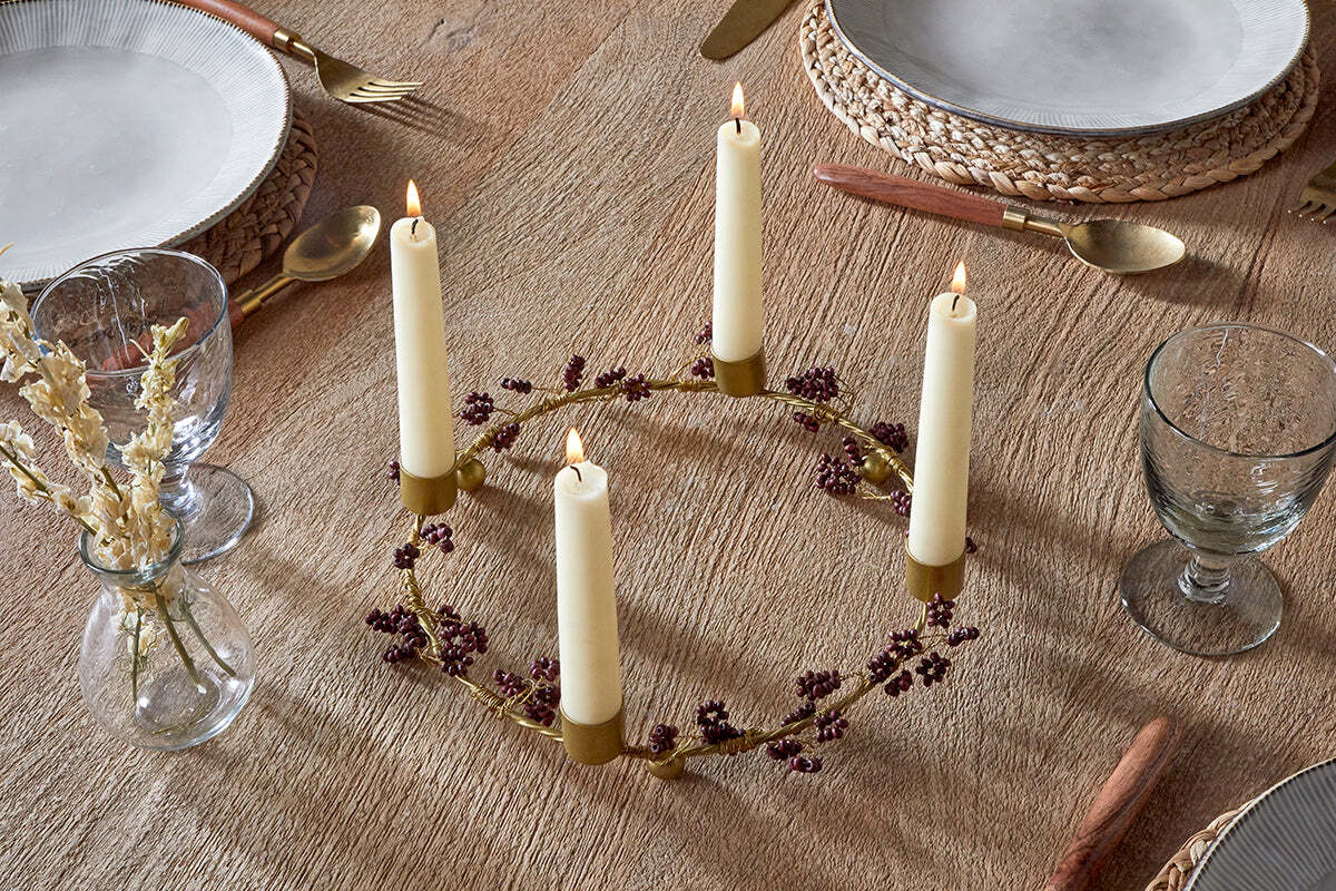 Tanu Mango Wood Beaded Candle Holder - Brass & Ruby