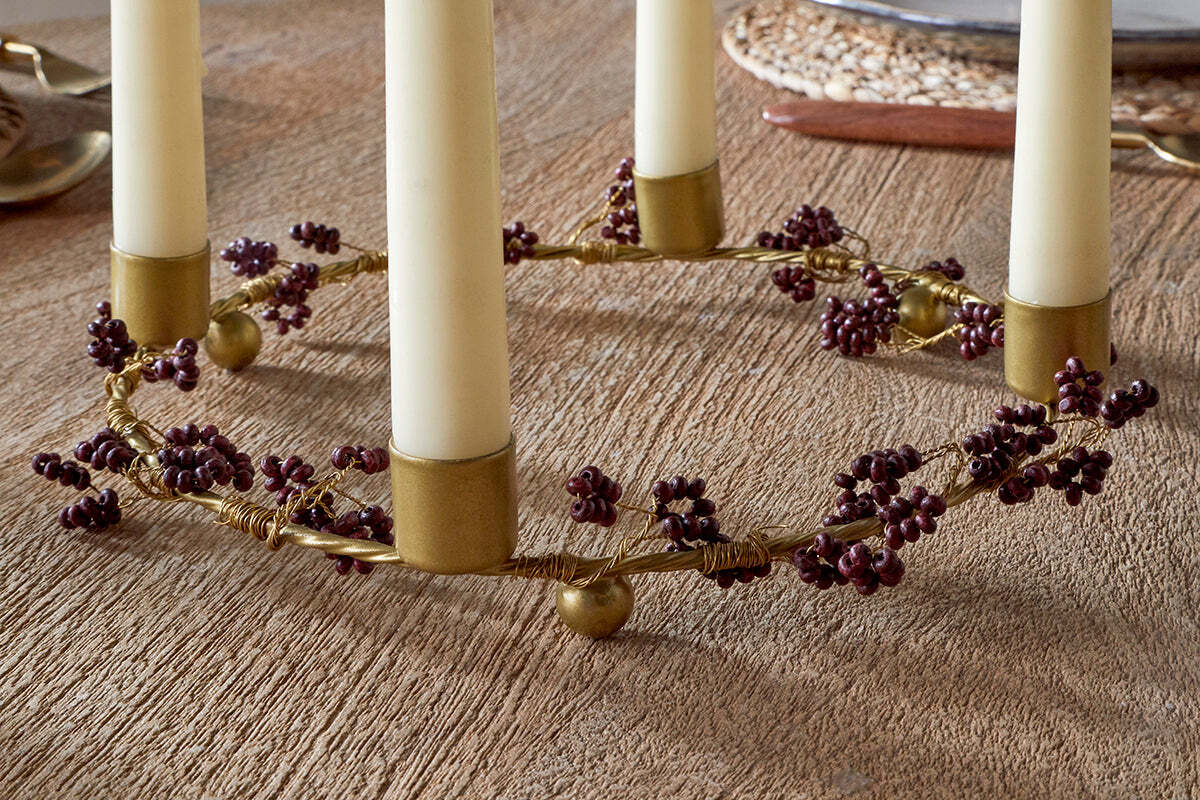 Tanu Mango Wood Beaded Candle Holder - Brass & Ruby