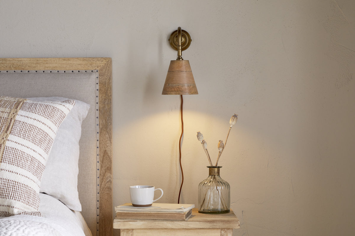 Vattu Mango Wood Plug In Wall Lamp - Natural & Antique Brass