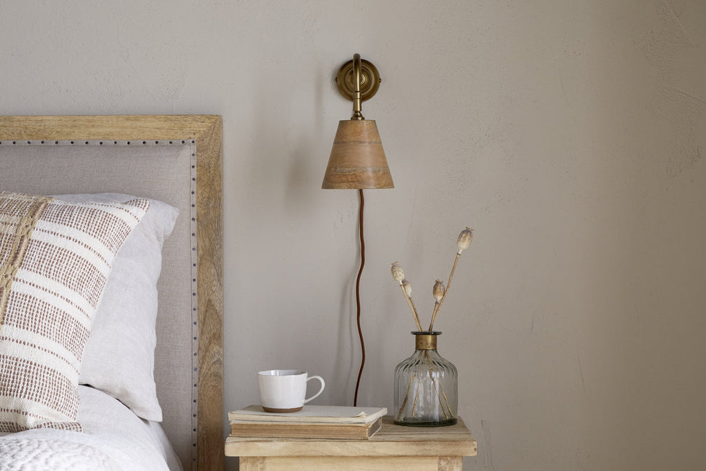 Vattu Mango Wood Plug In Wall Lamp - Natural & Antique Brass
