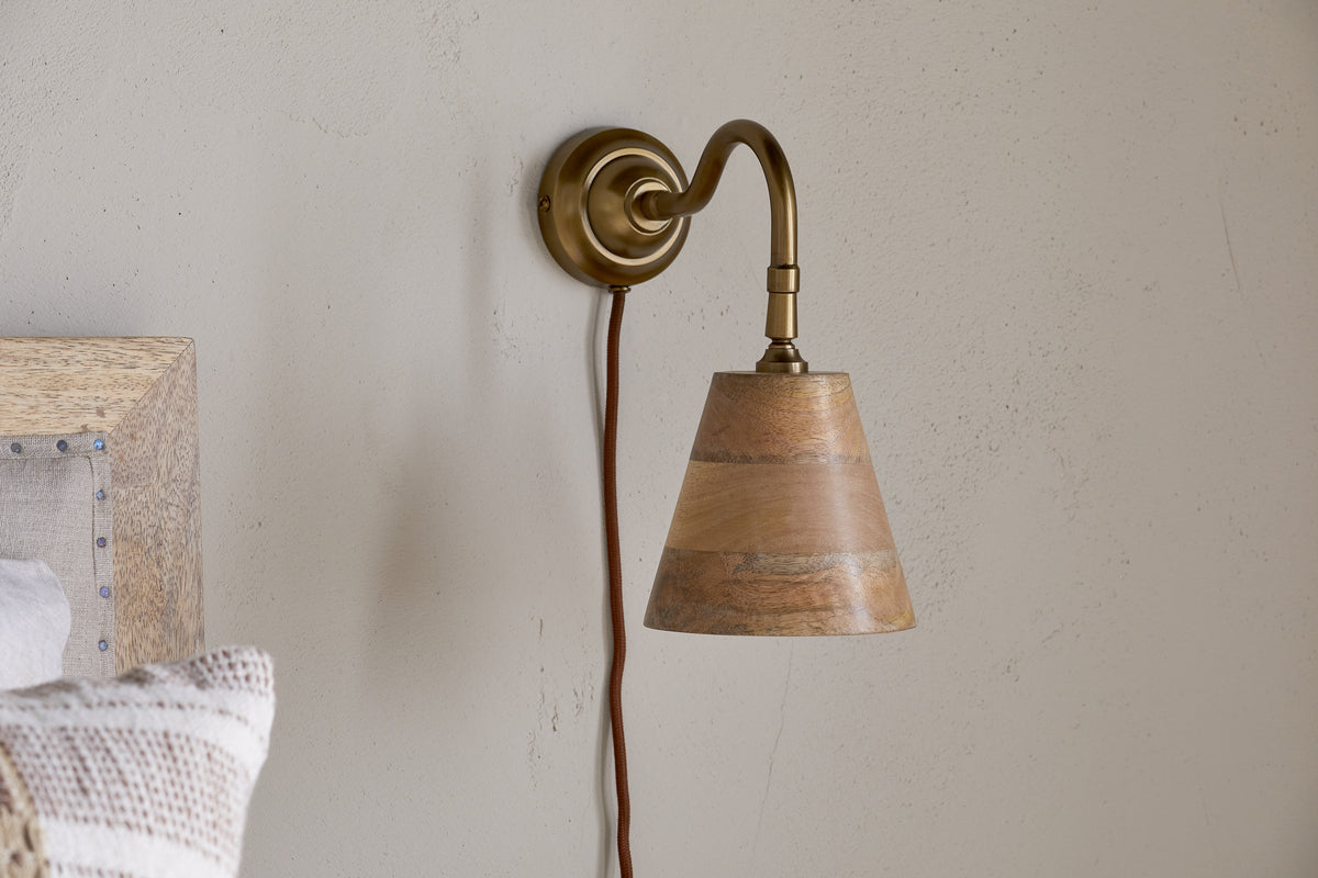 Vattu Mango Wood Plug In Wall Lamp - Natural & Antique Brass