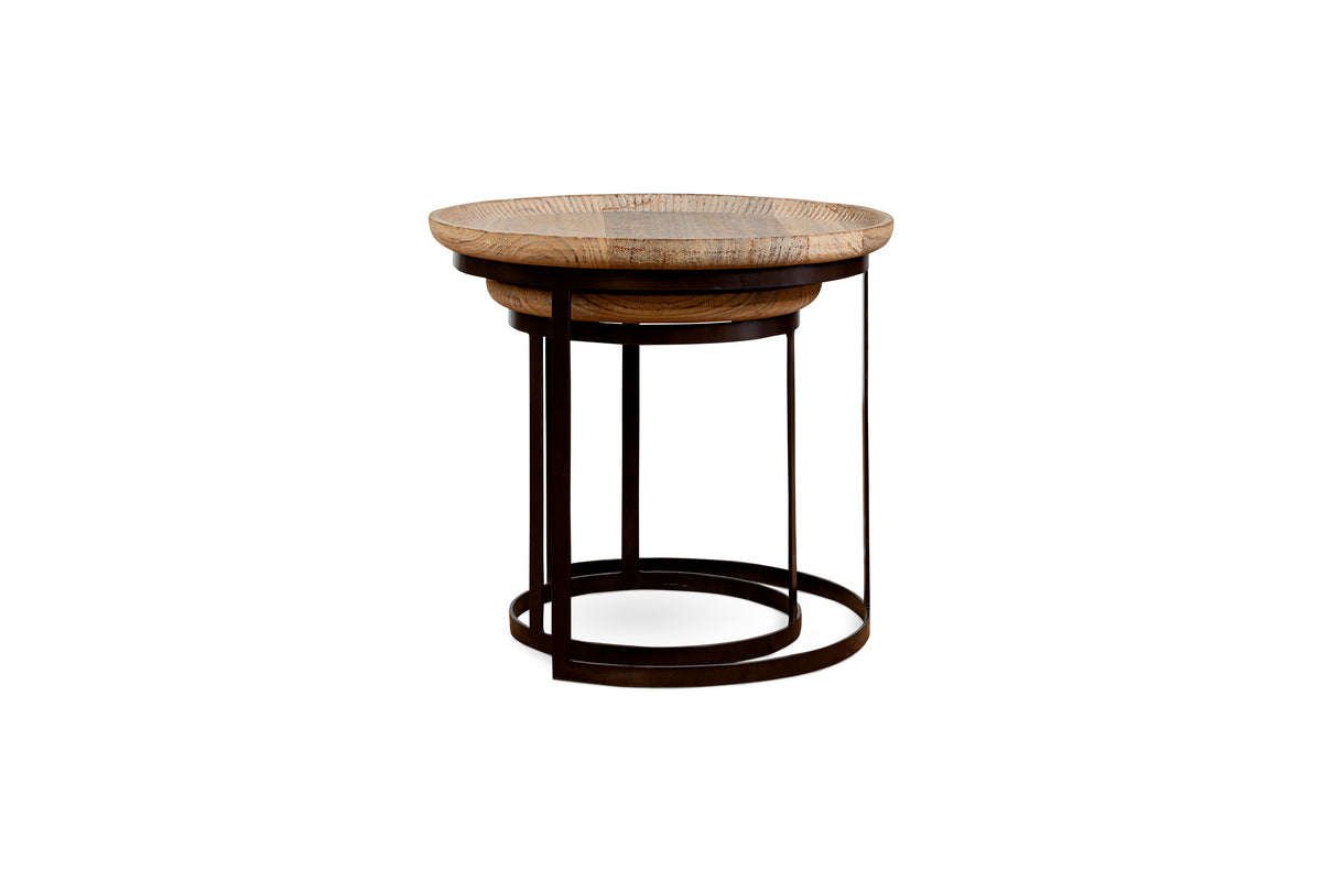 Nisha Carved Reclaimed Wood & Iron Nesting Side Tables - Natural - (Set of 2)