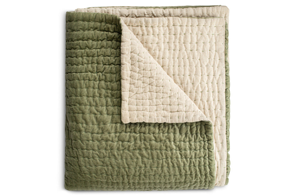 Nidra Velvet & Linen Bed Quilt - Sage Green