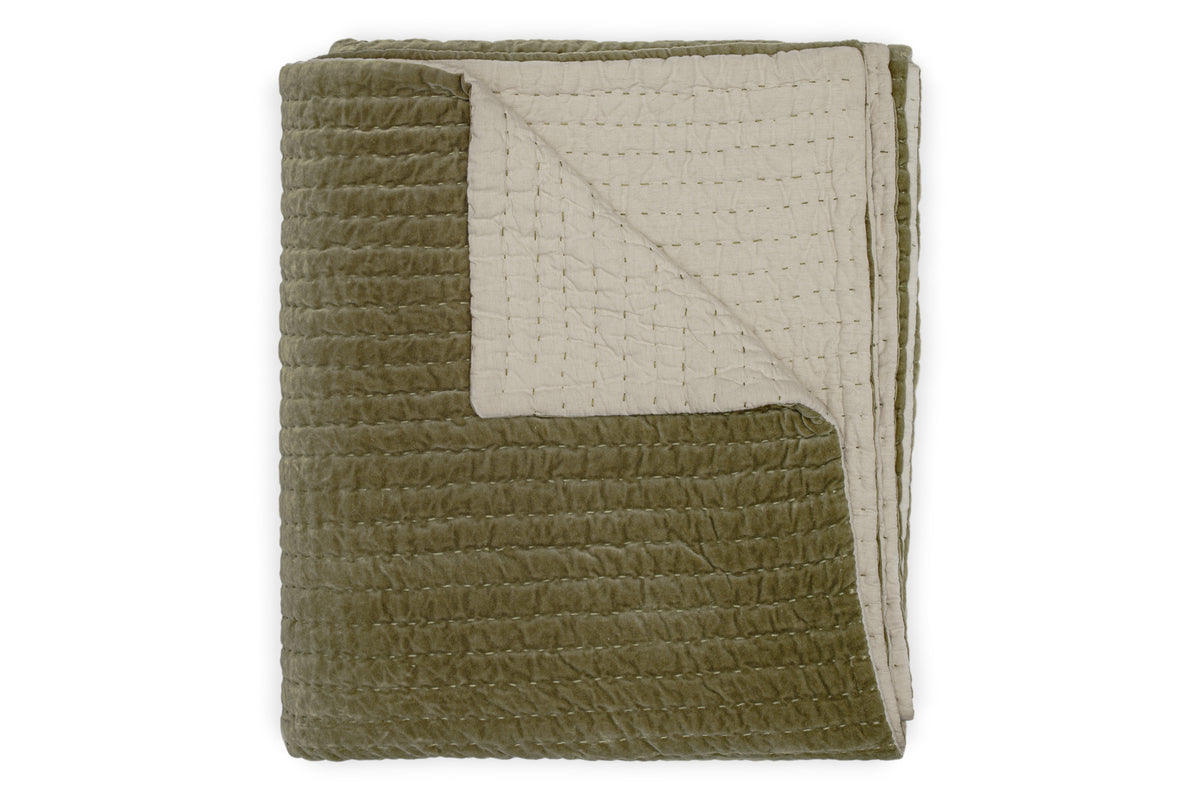 Nidra Velvet & Linen Bed Quilt - Moss
