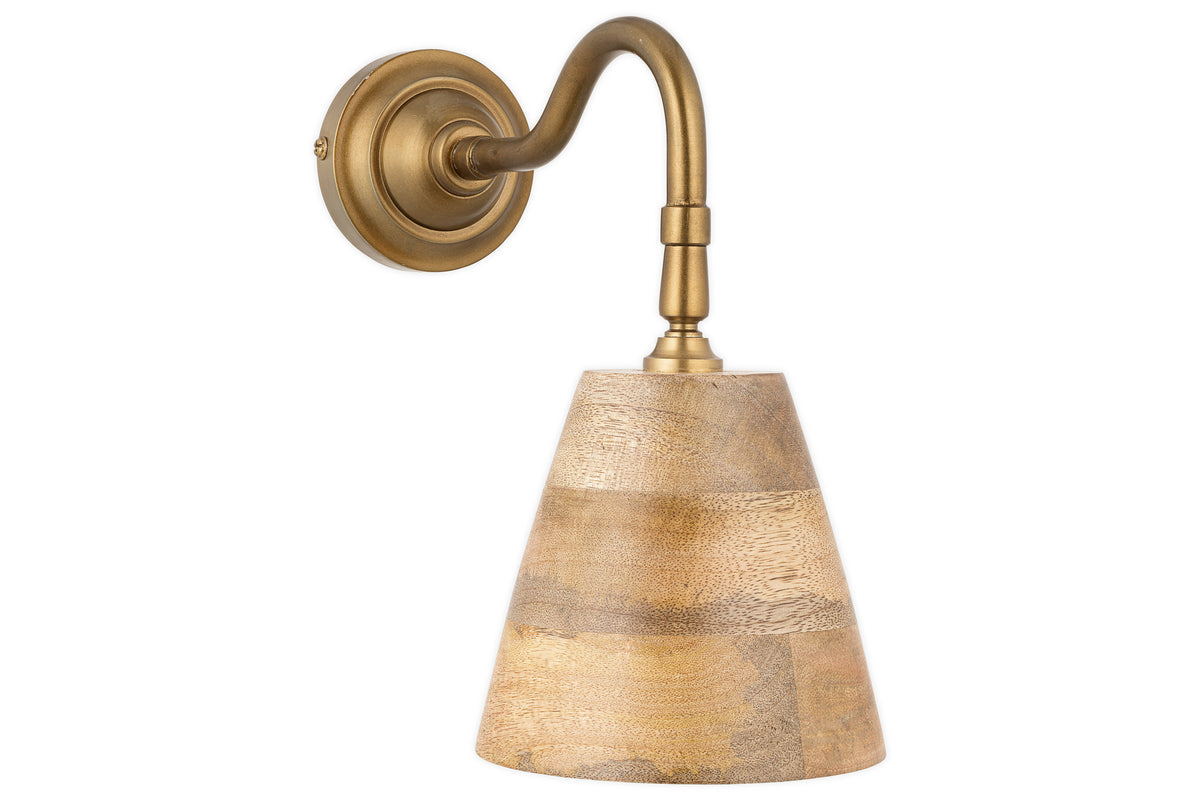 Vattu Mango Wood Plug In Wall Lamp - Natural & Antique Brass